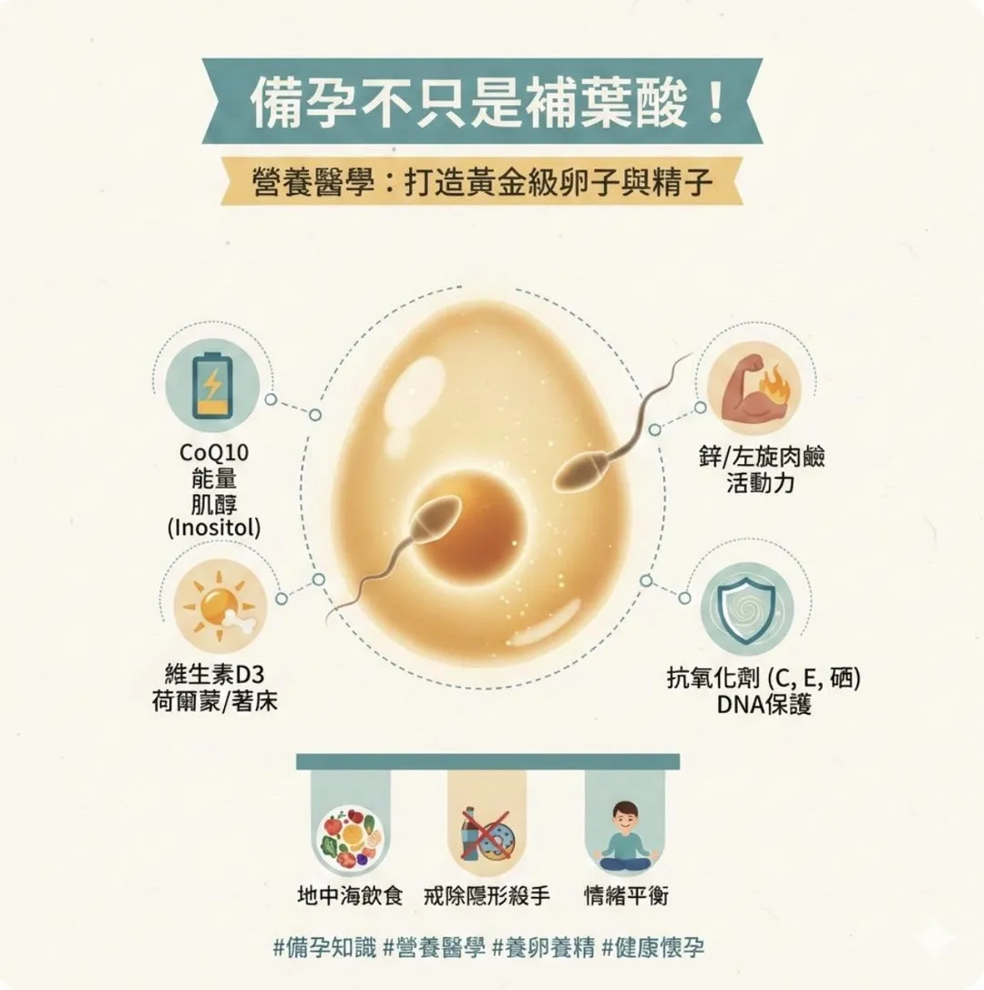 葉酸是基礎，但要成功受孕更需補充輔酶Q10、鋅硒與Omega-3等營養素。（圖／劉博仁臉書「劉博仁營養功能醫學專家」）