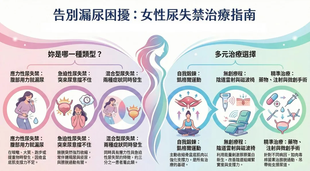 尿失禁主要與骨盆底肌功能障礙有關，常見類型包括應力性尿失禁、急迫性尿失禁及混合型。（圖／呂謹亨臉書「泌尿科呂謹亨醫師 - 大亨醫師」）