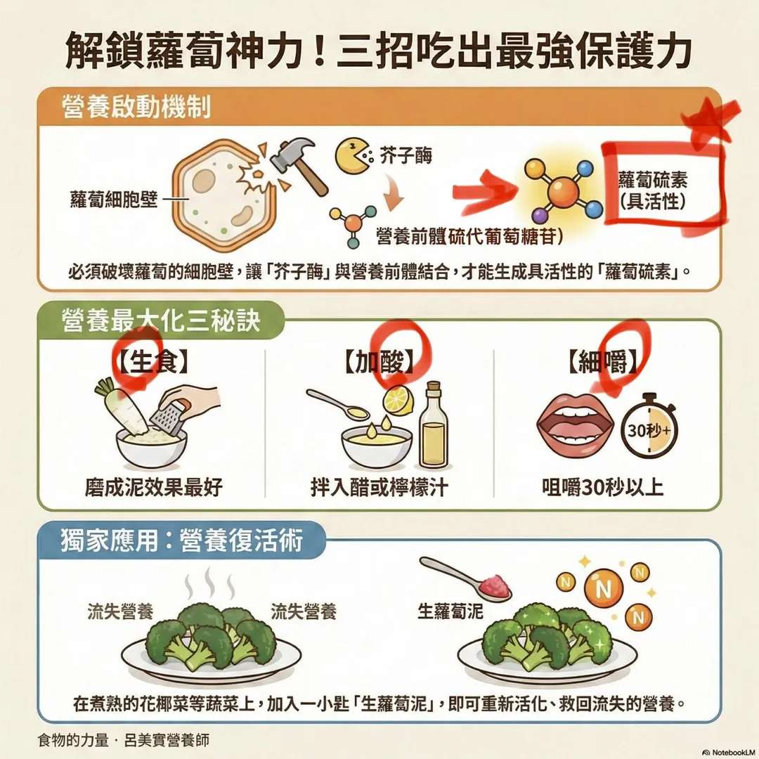 要啟動白蘿蔔保護力，必須透過「生、酸、嚼」三大關鍵啟動營養開關。（圖／呂美寶臉書「食物的力量．呂美寶營養師」）