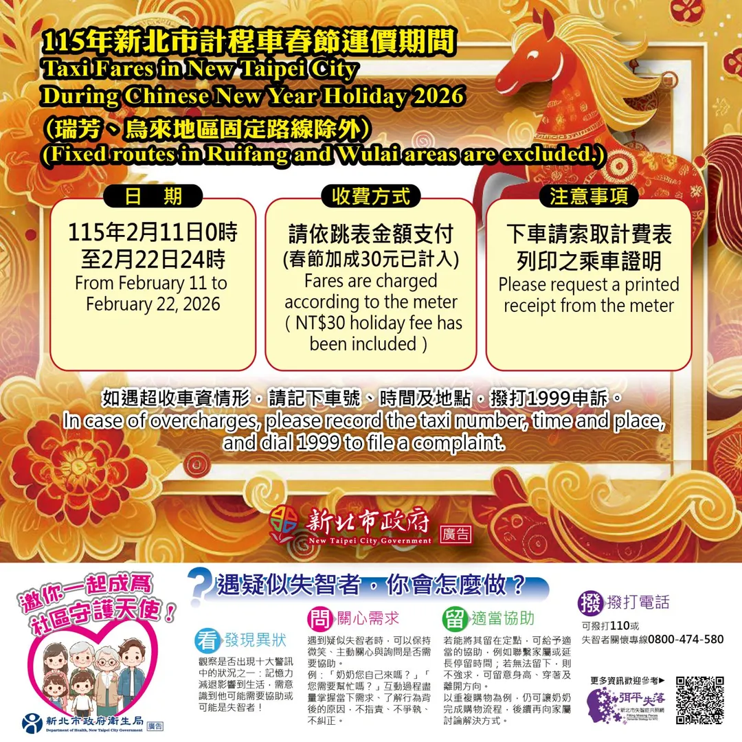 新北市115年（2026年）自2月11日起實施春節計程車運價收費，每趟次加收30元。（圖／翻攝自新北市政府官網）