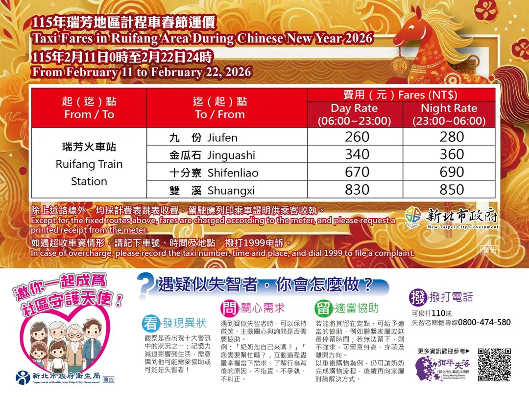 新北市瑞芳區同樣自2月11日凌晨0時起實施12天春節計程車運價費率（圖／翻攝自新北市政府官網）