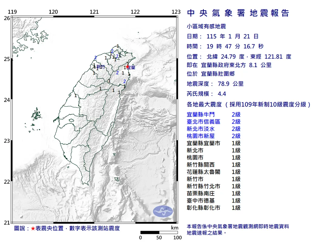 宜蘭壯圍晚間發生規模4.4地震。（圖／氣象署）