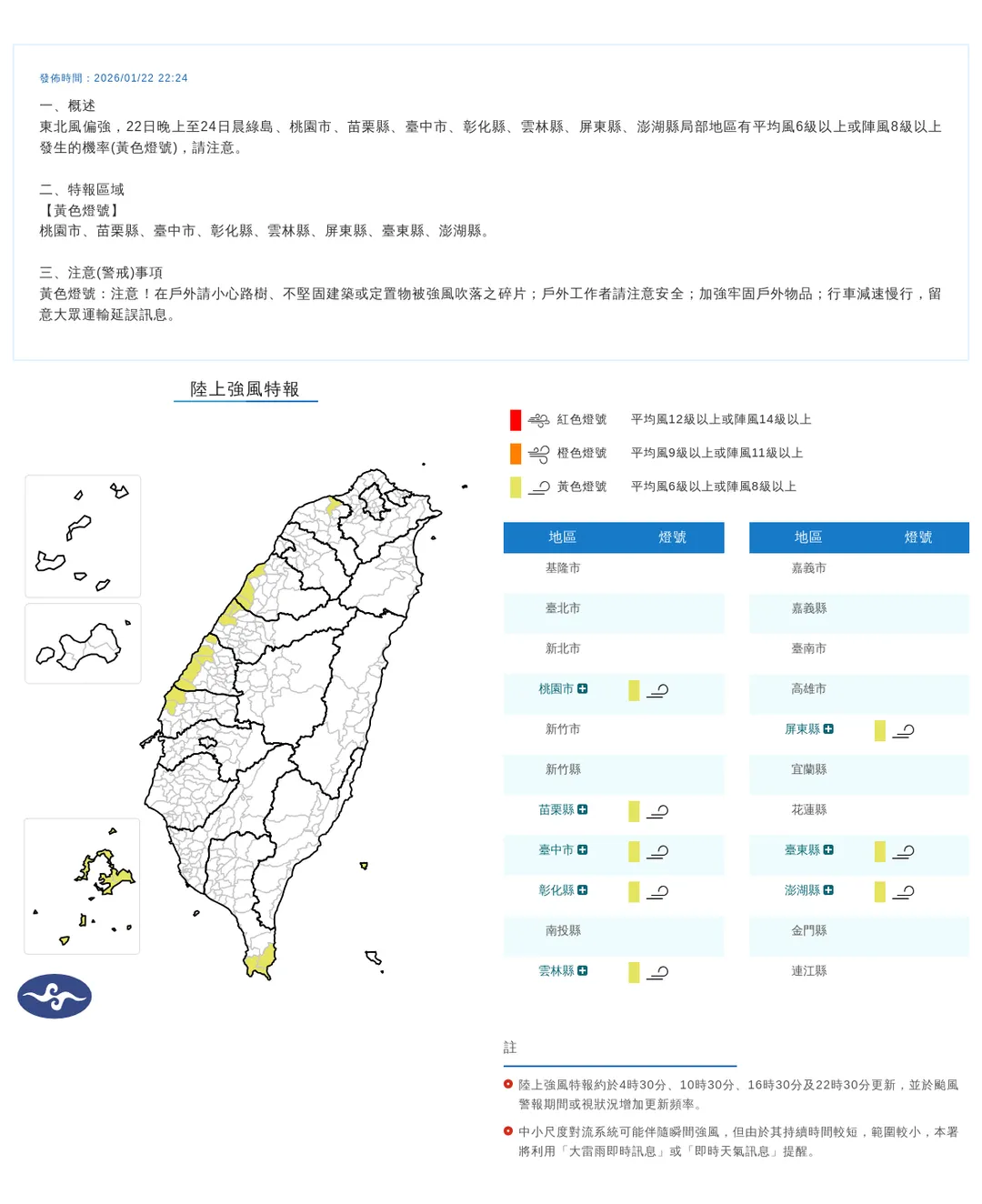 東北風偏強，西半部、台東及澎湖等8縣市22日晚間至24日清晨將出現8級以上強陣風。（圖／翻攝自中央氣象署官網）