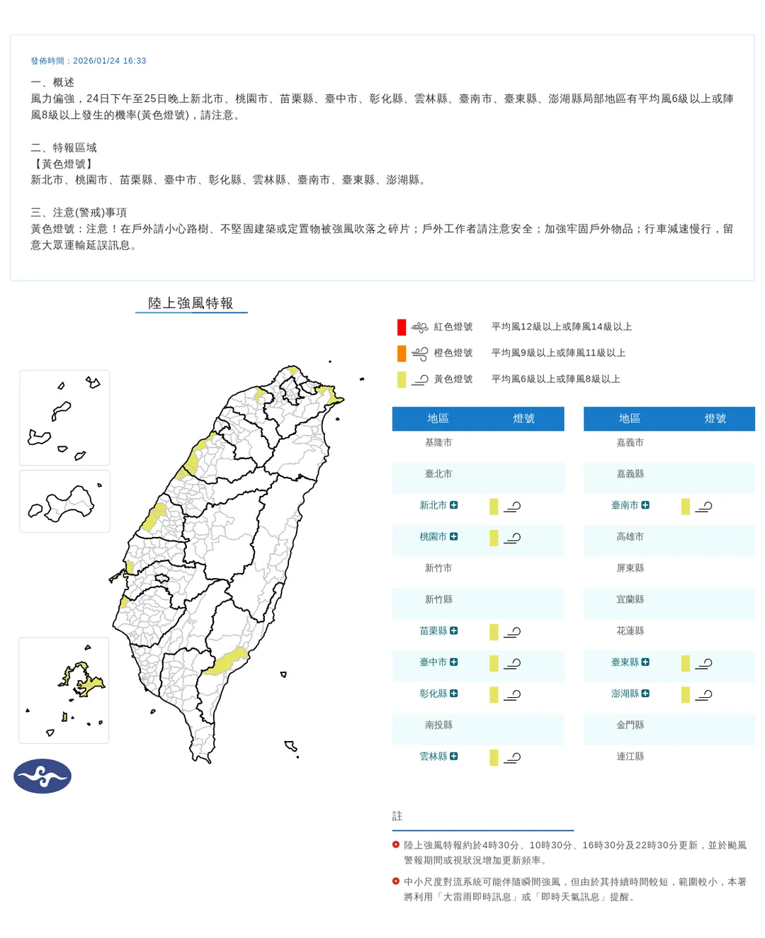 中央氣象署今（24）日下午4點33分發布9縣市陸上強風特報。（圖／氣象署提供）
