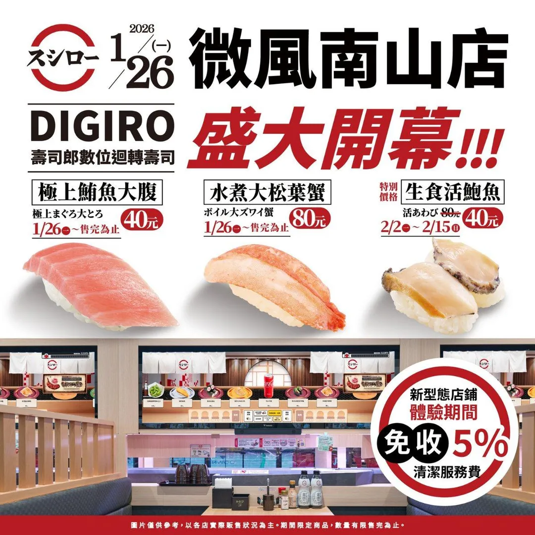 壽司郎微風南山店開幕，業者公告體驗期間暫不收取5%清潔服務費。（圖／翻攝自壽司郎臉書粉專）