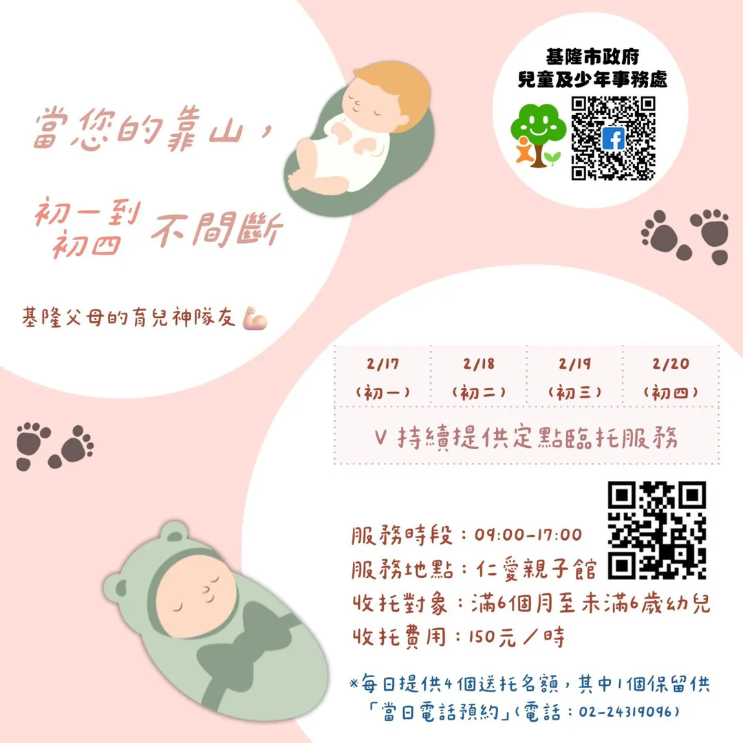 基隆市春節初一至初四提供兒童定點臨時托育服務。(圖/基隆市政府兒童及少年事務處提供)