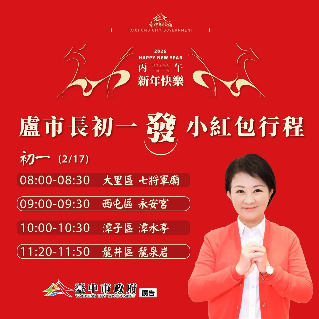 盧市長大年初一連跑4宮廟發送新春賀歲小紅包，時間地點快掌握。（圖／中市民政局提供）