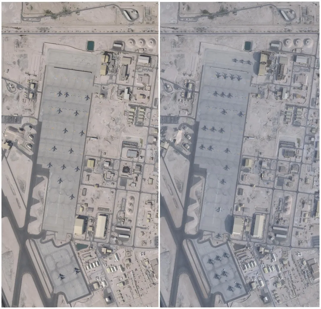 衛星影像顯示，卡達烏代德空軍基地2月1日時（圖右）的軍機數量較1月17日有所增加。（圖／路透社）