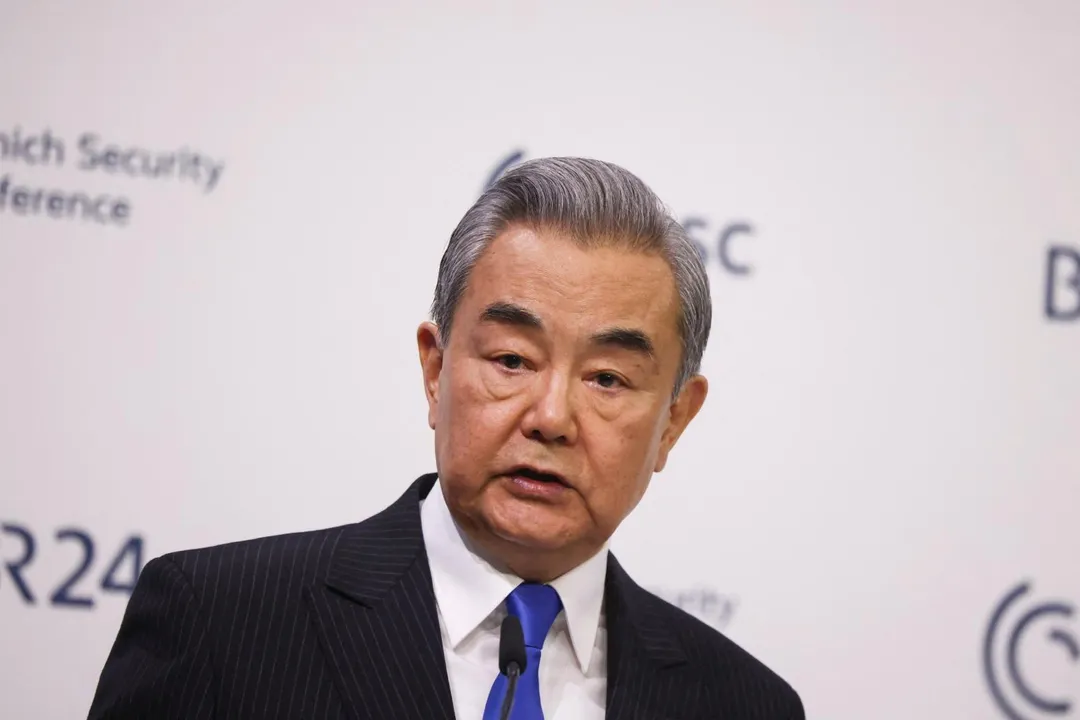 大陸外交部長王毅14日在慕尼黑安全會議致詞。（圖／路透社）