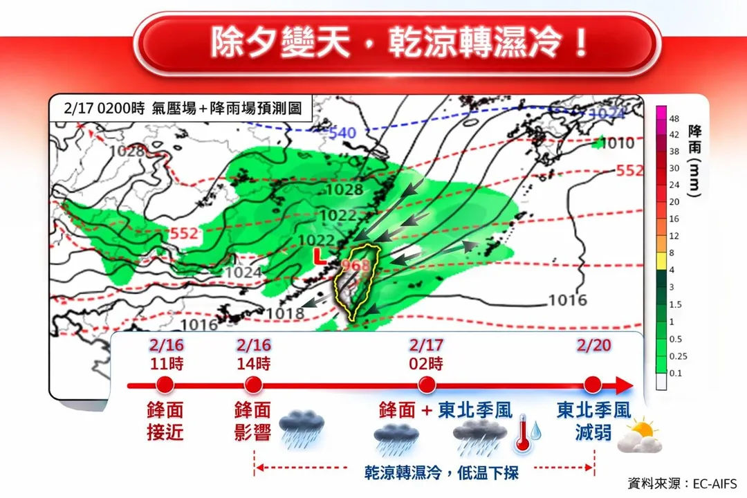 除夕變天，乾涼轉濕冷。（圖／翻攝林老師氣象站臉書）