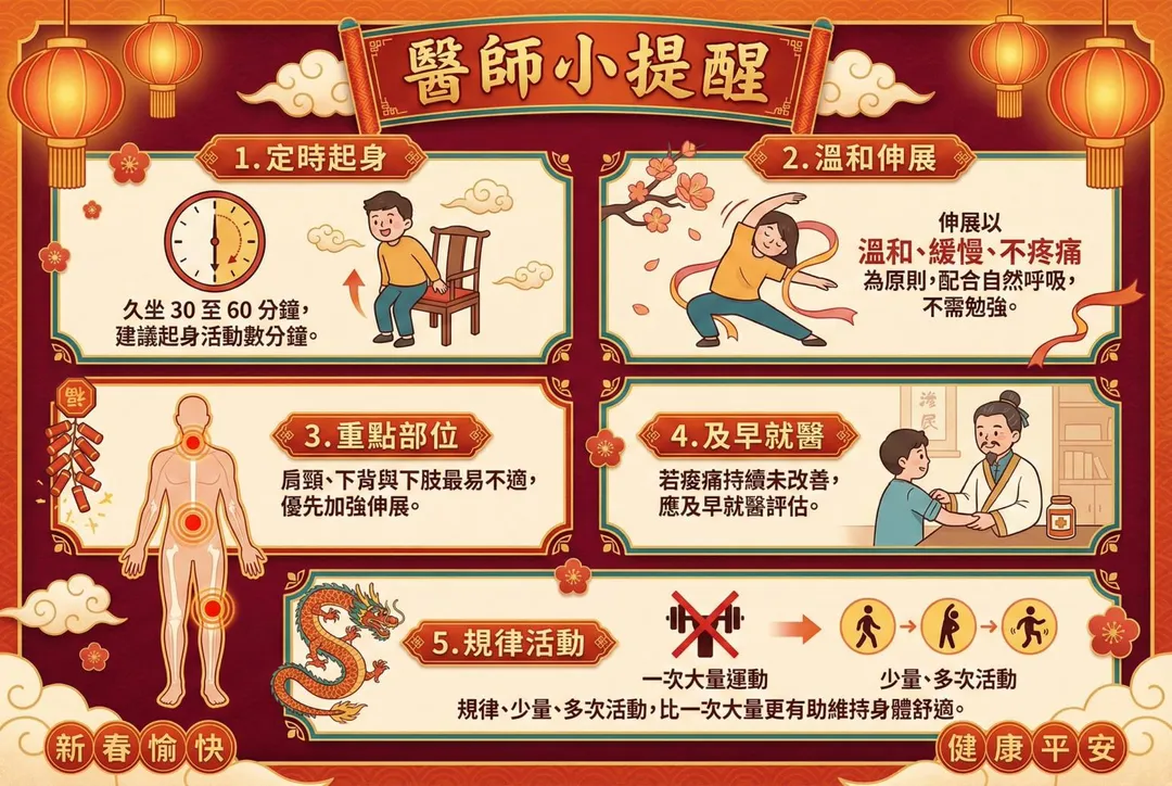 久坐後不舒服，是因為肌肉活動減少、氣血運行不順所致。（圖／台中慈濟醫院）