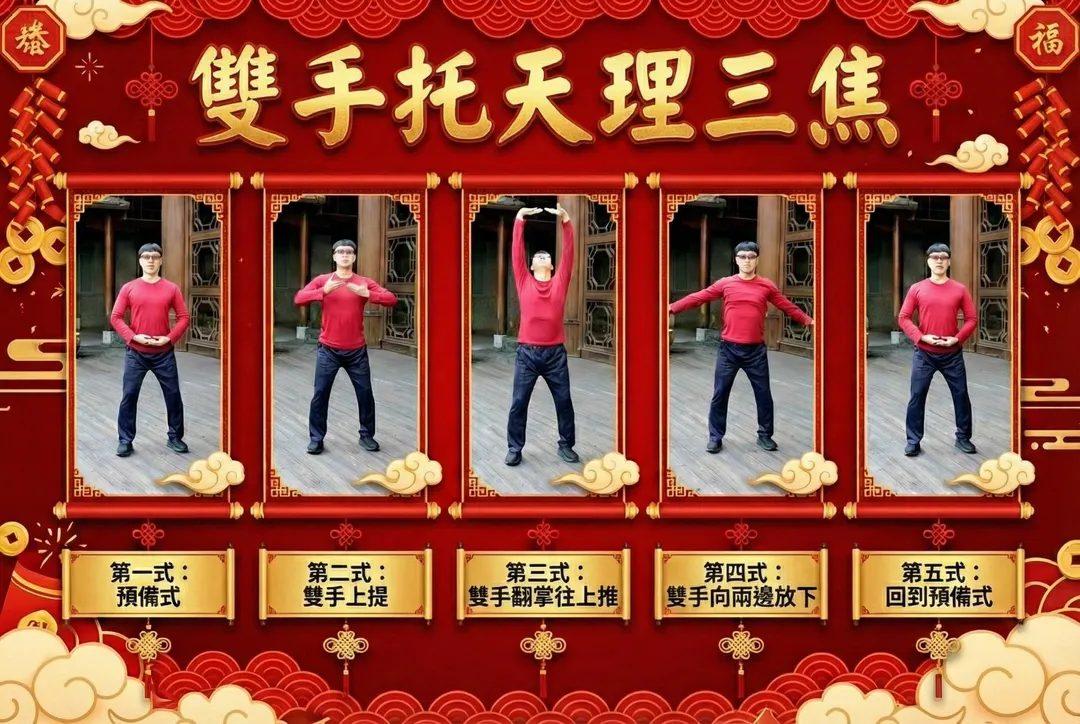 「雙手托天理三焦」透過雙手向上伸展，有助延展脊椎並放鬆肩頸與上背。（圖／台中慈濟醫院）