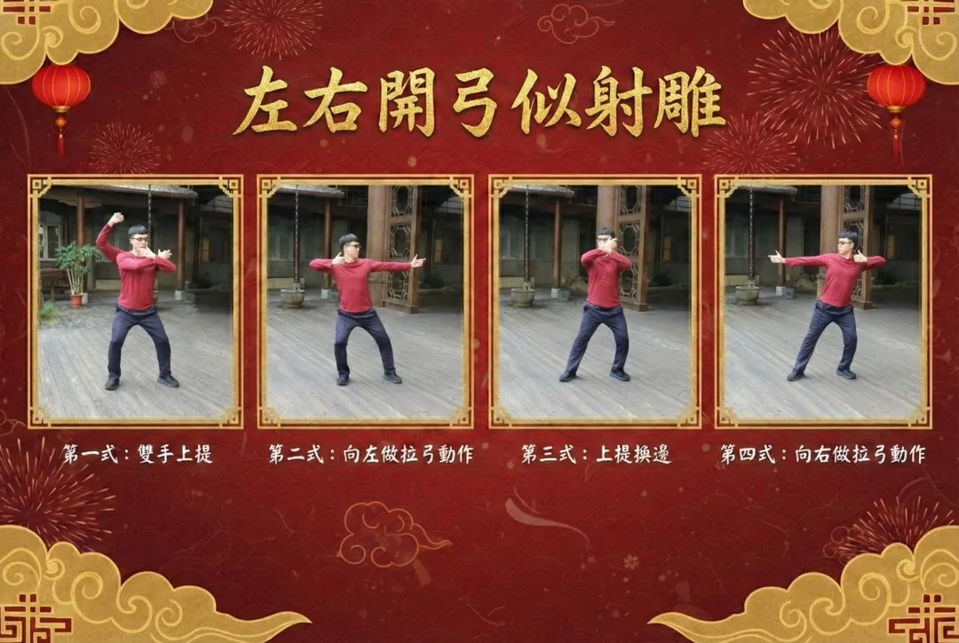 「左右開弓似射雕」左右開胸伸展可改善含胸、圓肩等姿勢問題。（圖／台中慈濟醫院）