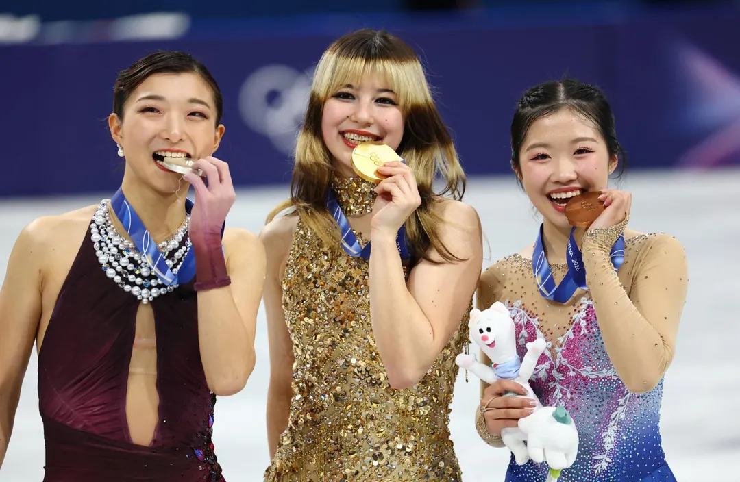 由左至右分別為坂本花織、劉美賢與中井亞美。（圖／路透社）