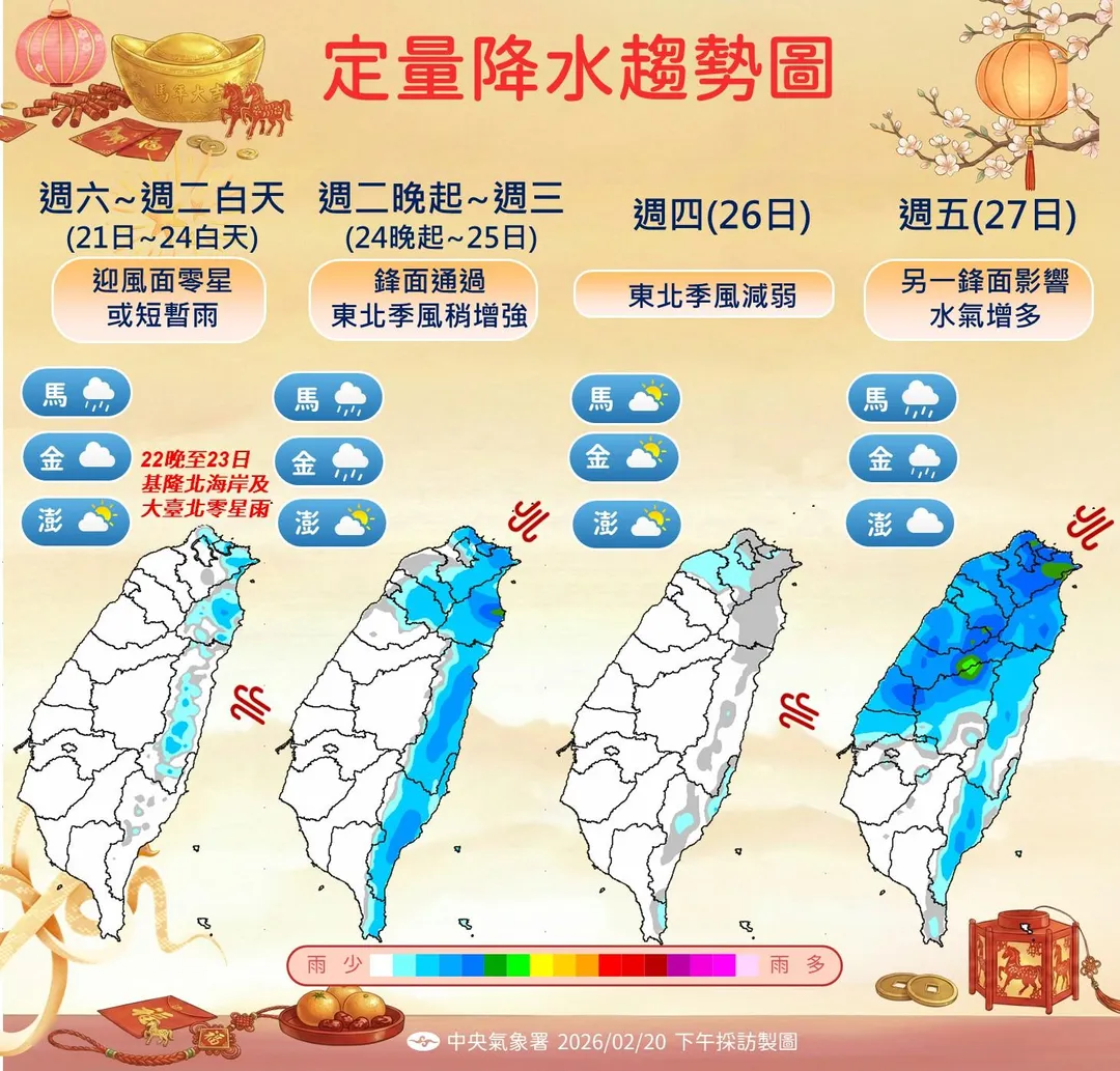 中央氣象署表示，初五至24日白天各地早晚仍涼，各地天氣大致為多雲到晴，僅東半部地區及恆春半島有局部短暫陣雨。（圖／氣象署提供）