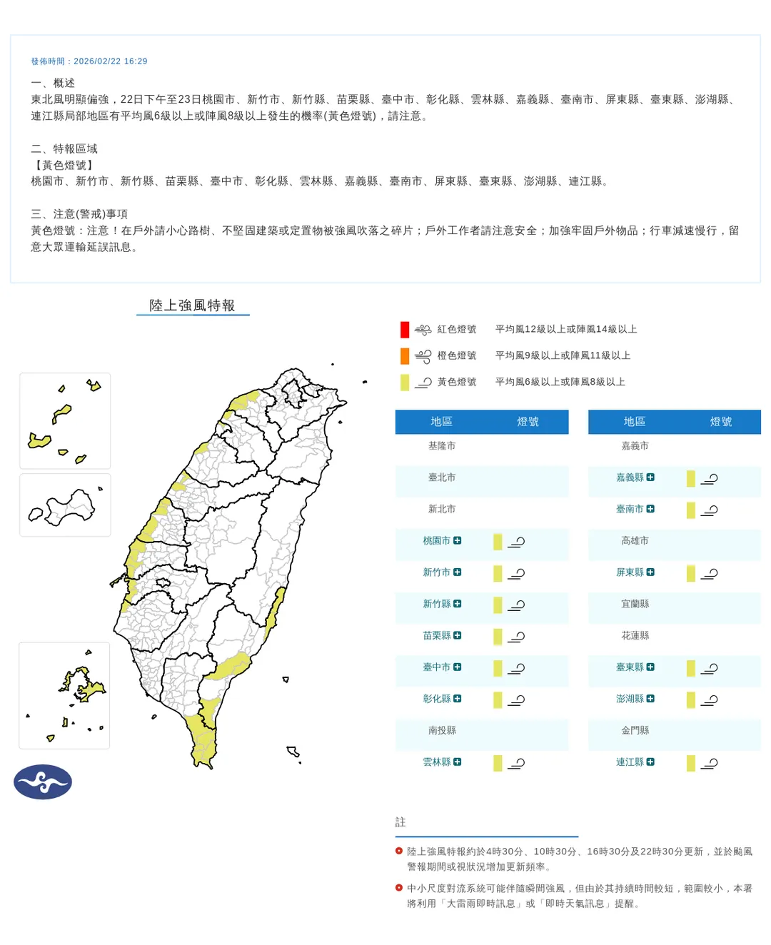 中央氣象署今（22）日下午發布13縣市陸上強風特報。（圖／氣象署提供）