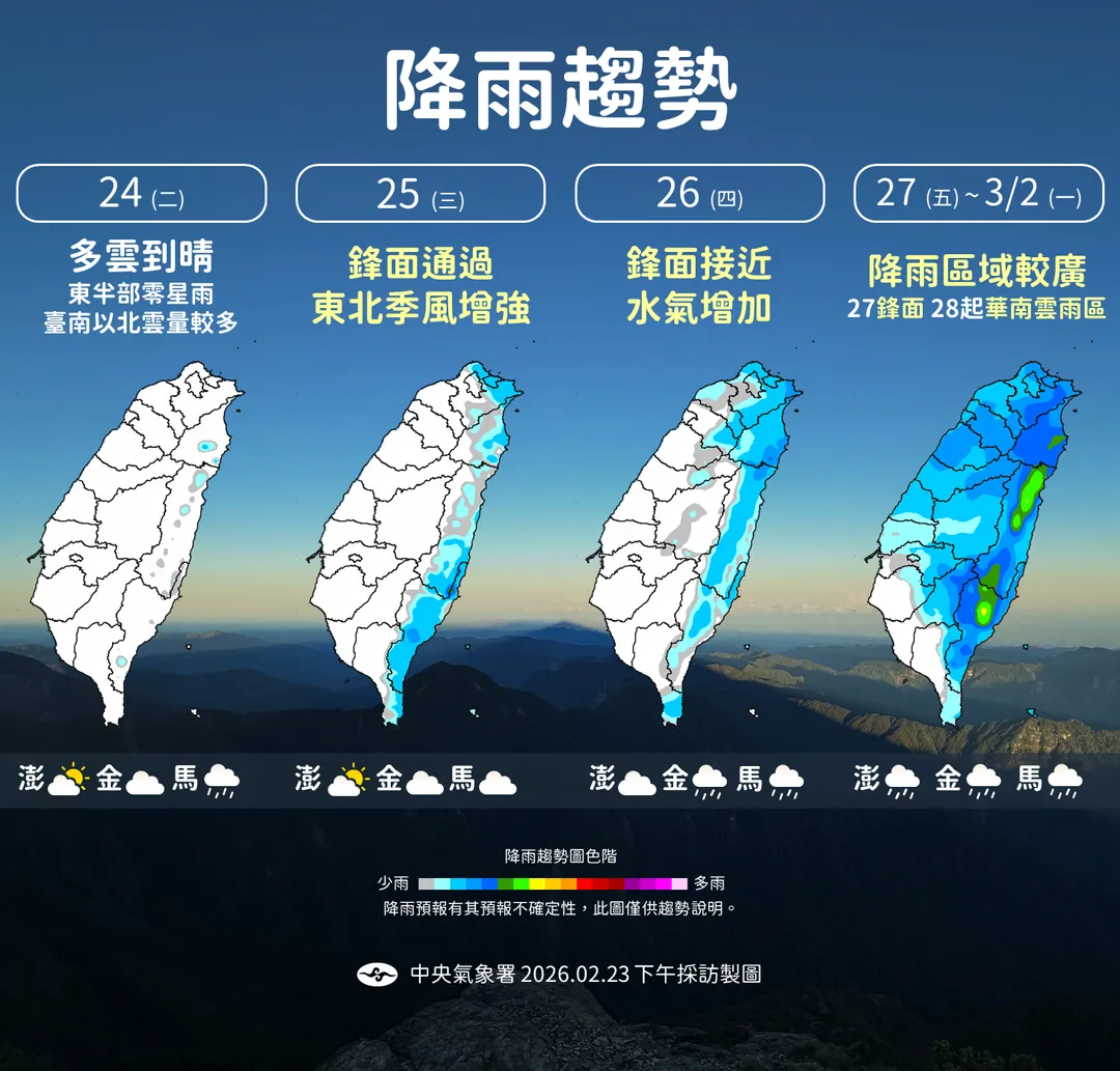 未來1週2波鋒面報到，228連假期間降雨影響範圍更大。（圖／中央氣象署提供）