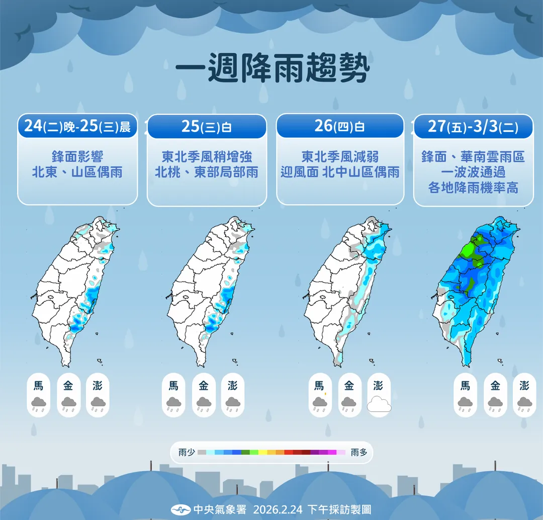 24日晚間起鋒面接近,未來1週降雨範圍從北東逐步擴大到全台。(圖/中央氣象署提供)