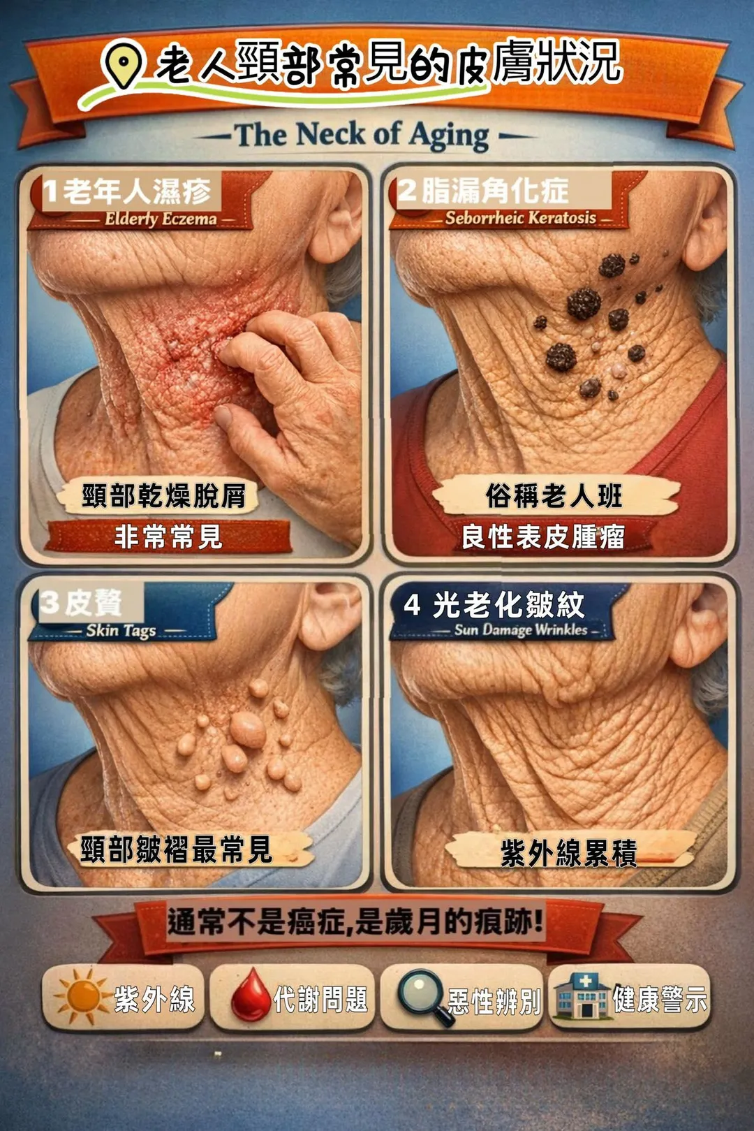 老年人頸部最常見的並非癌症，而是老年性濕疹、脂漏性角化症、皮贅及光老化皺紋等良性變化。（圖／黃軒臉書「黃軒醫師 Dr. Ooi Hean」）