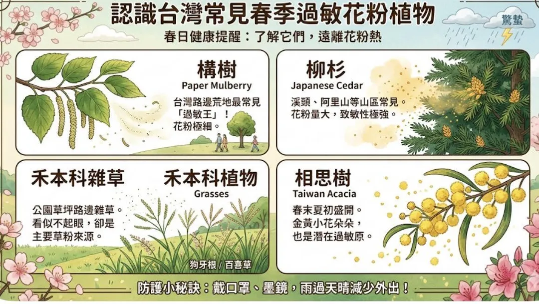 劉博仁列舉台灣春季的花粉地雷區。（圖／劉博仁臉書「劉博仁營養功能醫學專家」）