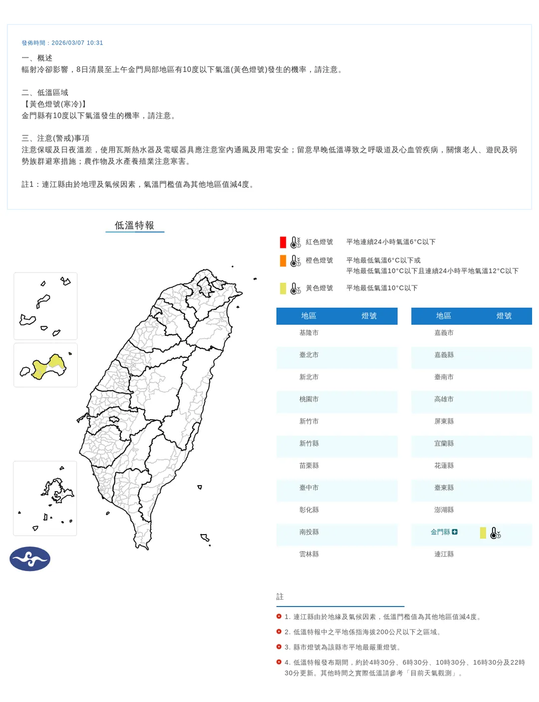 中央氣象署於今（7）日上午10時31分針對金門縣發布低溫特報。（圖／氣象署提供）