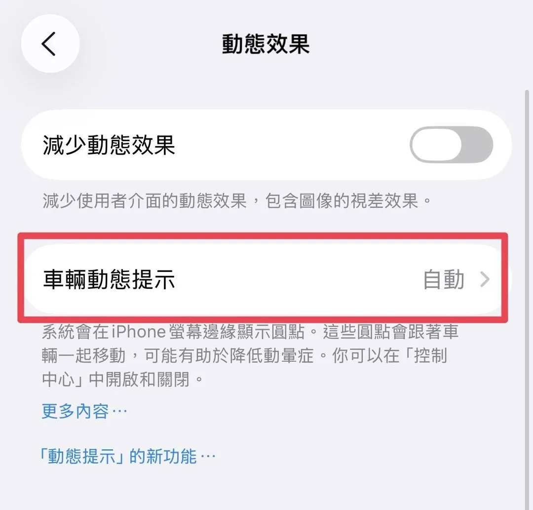「車輛動態提示」的功能藏在「輔助使用」選單中。（圖／翻攝自臉書）