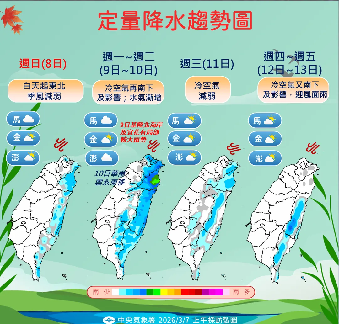 第1波大陸冷氣團9日起逐漸南下,迎風面的北部和東部降雨較大。(圖/中央氣象署提供)
