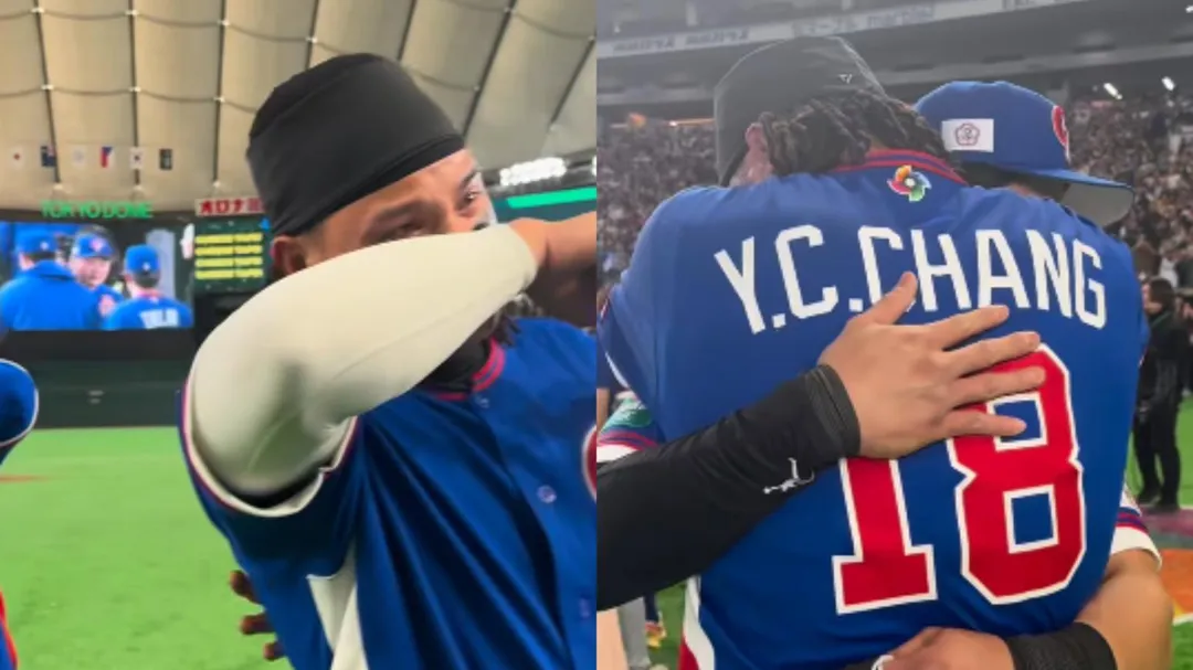 張育成與陳傑憲擁抱，難掩情緒落下男兒淚。（圖／翻攝自CPBL 中華職棒臉書）