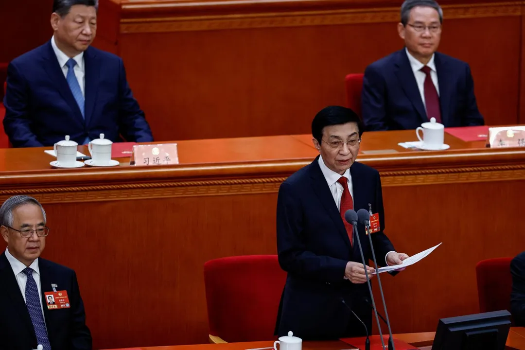 王滬寧今在大陸全國政協會議閉幕講話。（圖／路透社）