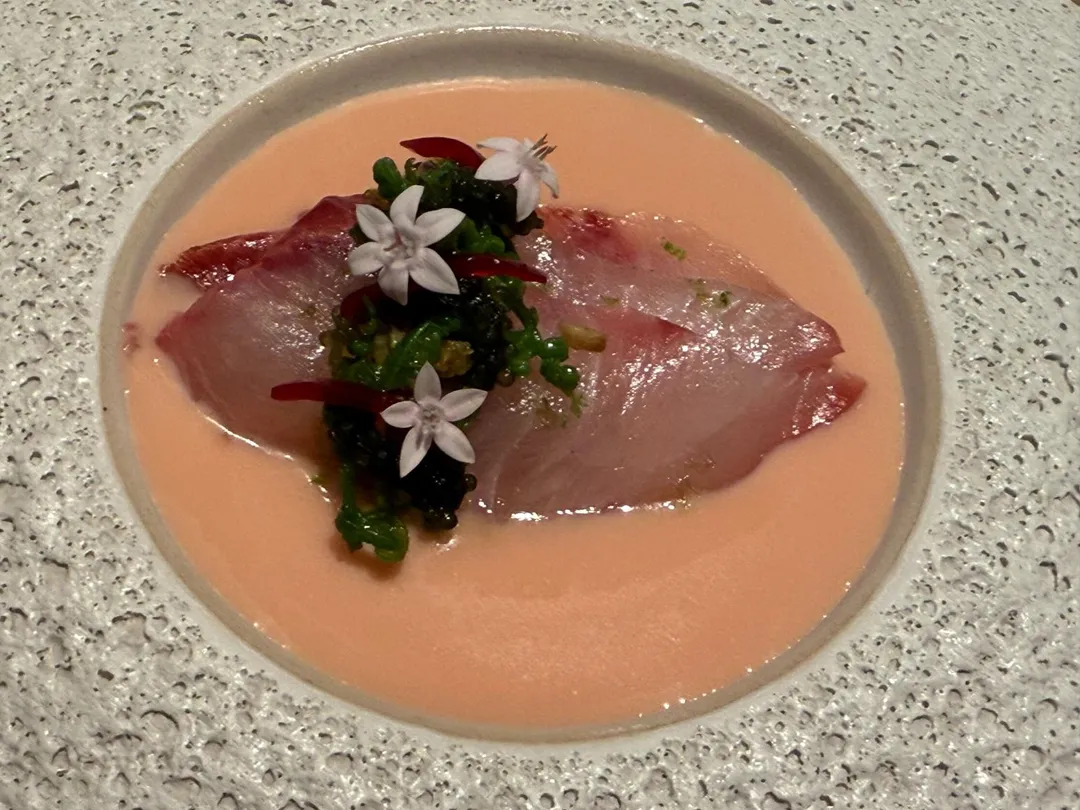 「白魽/番茄/開心果」使用義式醬汁搭配白魽生魚片,像是把義式Carpaccio的生牛肉換成魚。(圖/黃宏輝提供)