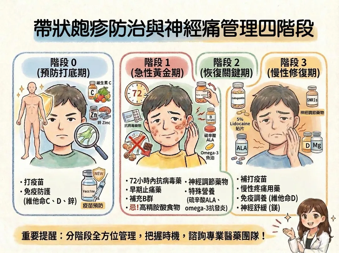 藥師游佩雯整理出針對帶狀皰疹預防、急性處置、恢復照護至慢性修復四大關鍵階段。（圖／翻攝自游佩雯臉書「長生不老藥師姬．游佩雯藥師﻿」）