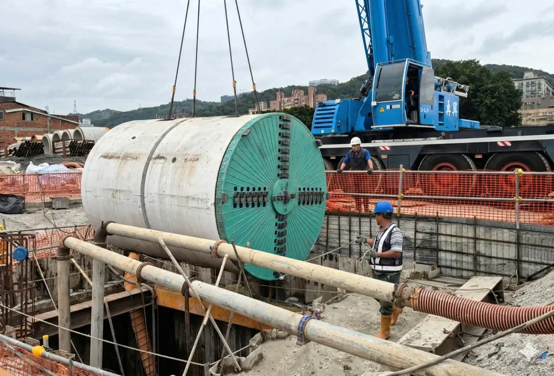 潛盾機吊掛下坑，準備進行161KV洞道挖掘工程。（圖／新北市地政局提供）