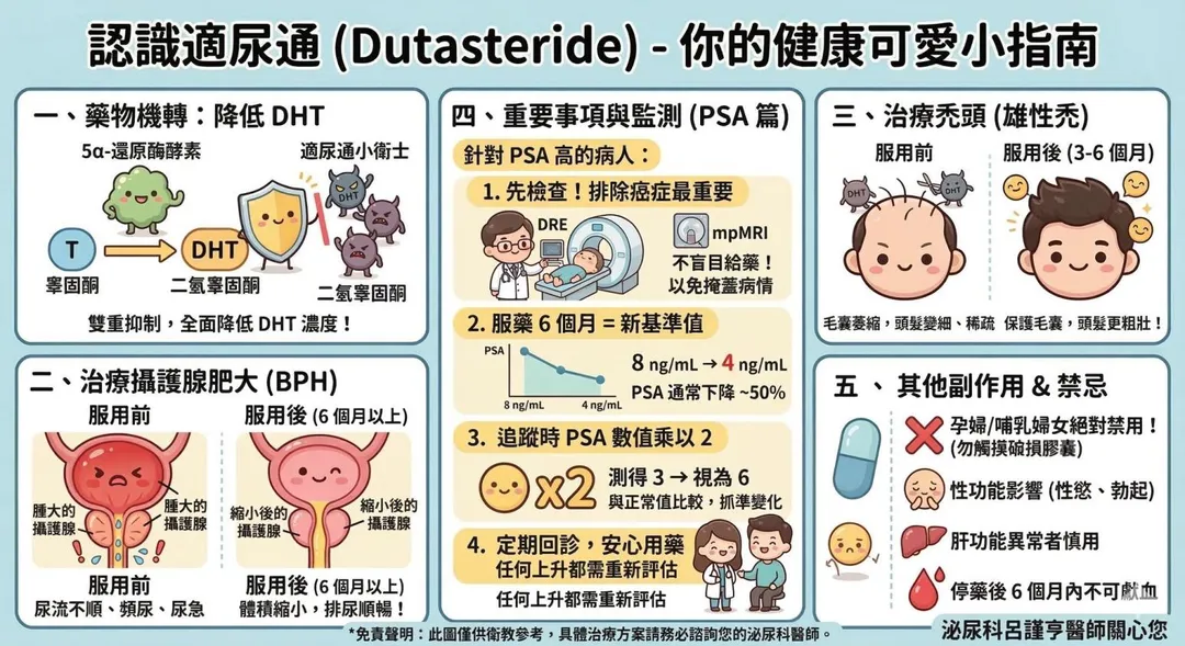 「適尿通」屬於5α-還原酶抑制劑，連續服用6個月後，血清PSA濃度通常會下降約50%。（圖／翻攝自呂謹亨臉書）