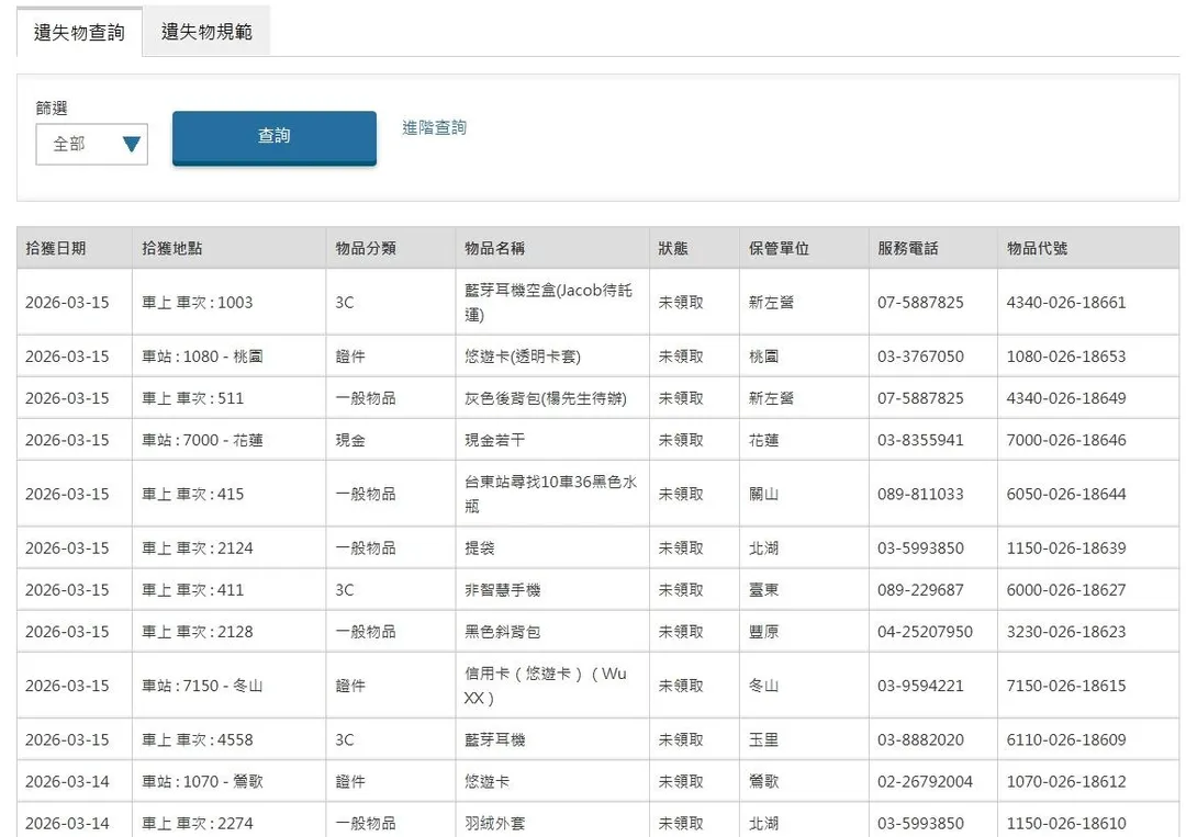 遺失物會登錄在遺失物管理平台，方便民眾查詢。（圖／台鐵官網）