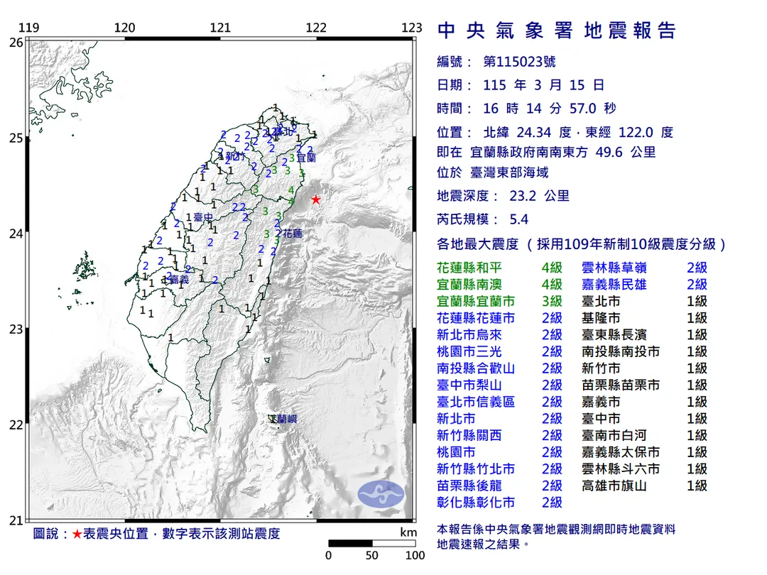 宜蘭縣東部海域15日下午4時14分發生規模5.4顯著有感地震，花蓮縣和平、宜蘭縣南澳最大震度4級，18縣市有感。（圖／翻攝自中央氣象署官網）