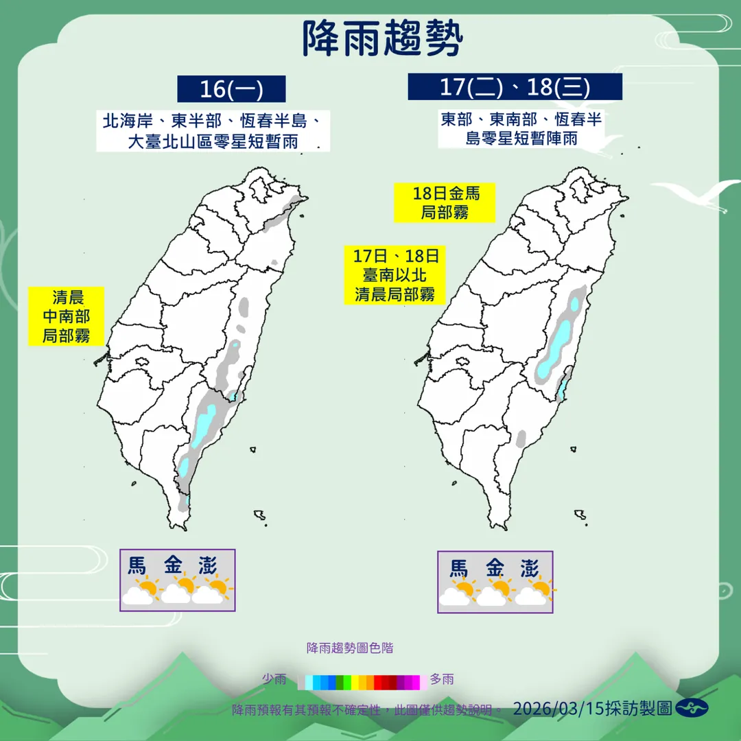 近3天的天氣較穩定,只有北海岸和東部、恆春有零星降雨。(圖/中央氣象署提供)