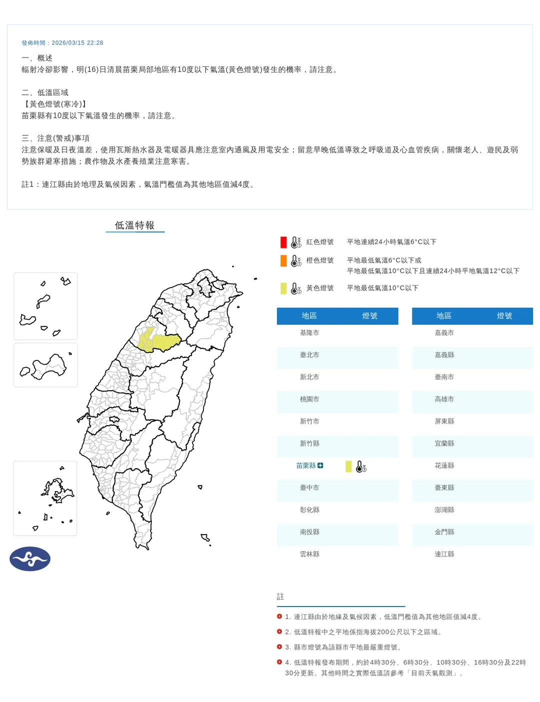 中央氣象署於今（15）日晚間10點28分針對苗栗縣部分地區發布低溫特報。（圖／氣象署提供）