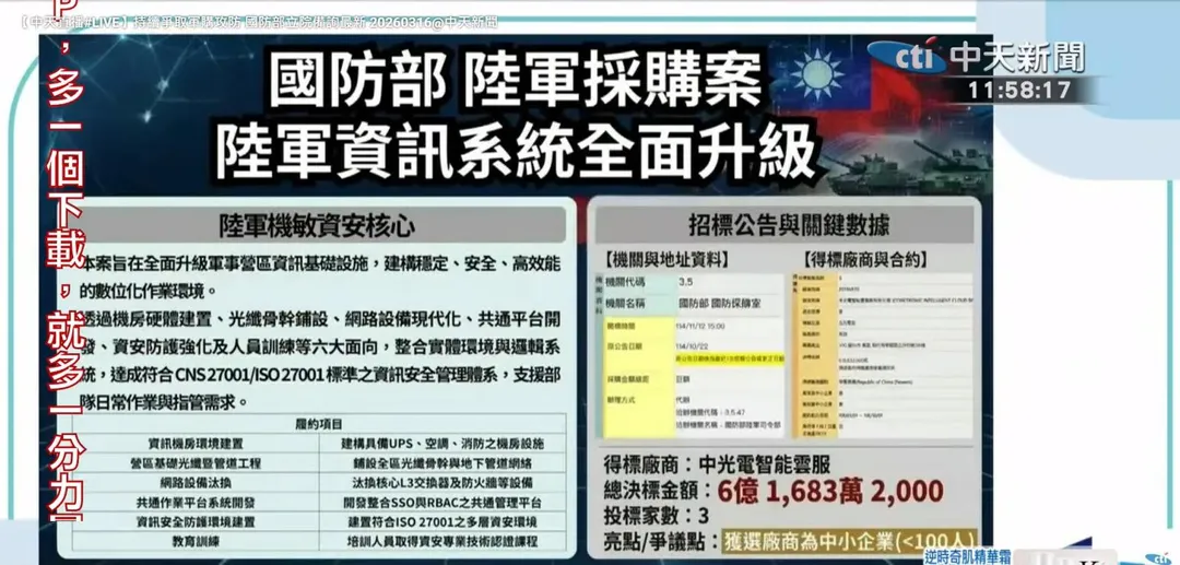 中光電得標「陸軍機敏資安核心」案。(圖/中天新聞)