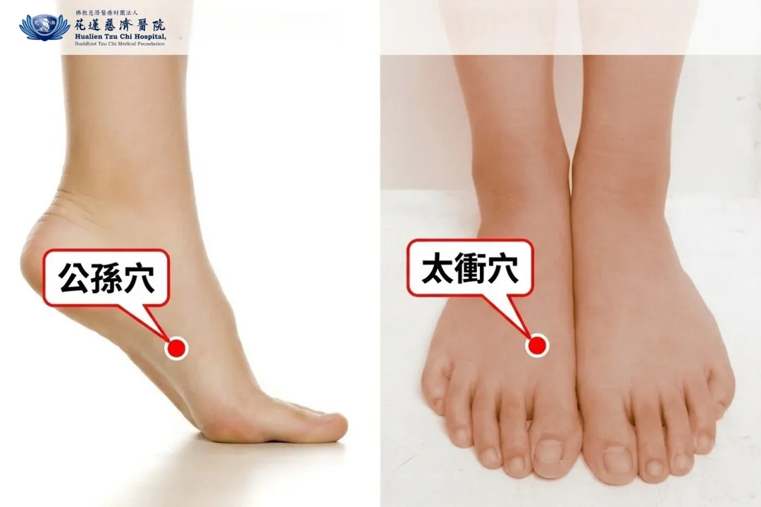 太衝穴，有助疏肝理氣、緩解情緒；公孫穴，有助調整脾胃、穩定氣機。（圖／花蓮慈濟醫院）