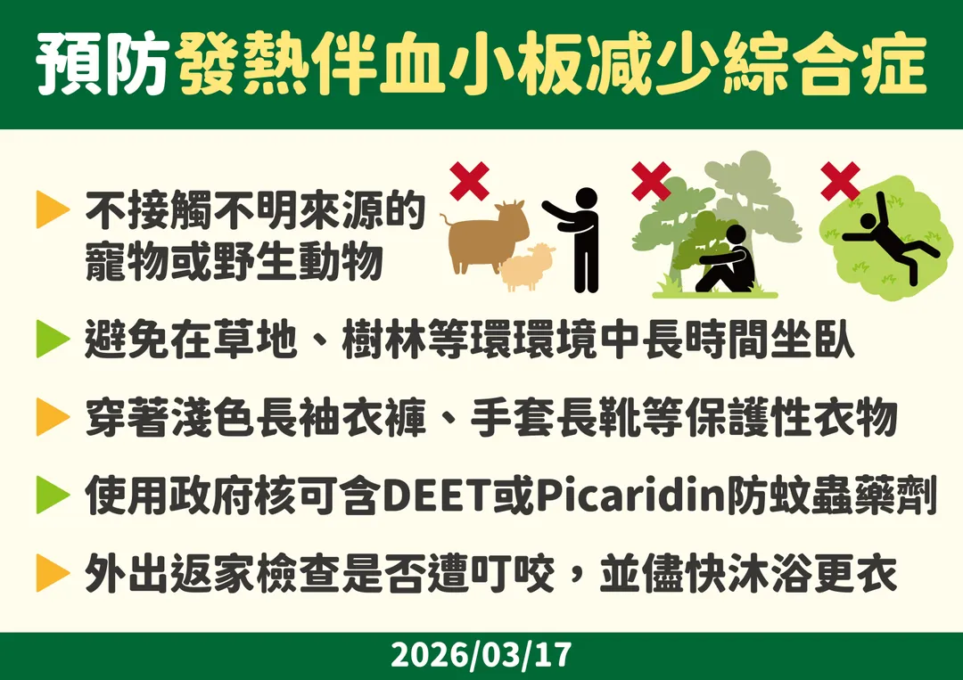 進入草叢或樹林應穿著淺色長袖衣褲並將褲管塞入襪內，裸露皮膚可使用含DEET或派卡瑞丁成分的核可防蚊藥劑。（圖／疾管署）