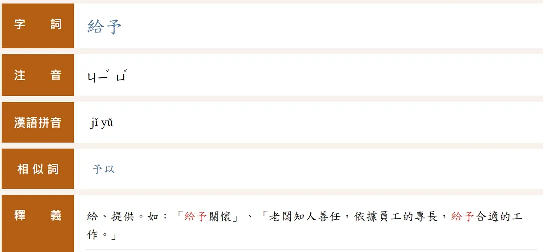 教育部辭典標明「給予」注音為「ㄐㄧˇㄩˇ」。（圖／翻攝自教育部重編國語辭典修訂本官網）