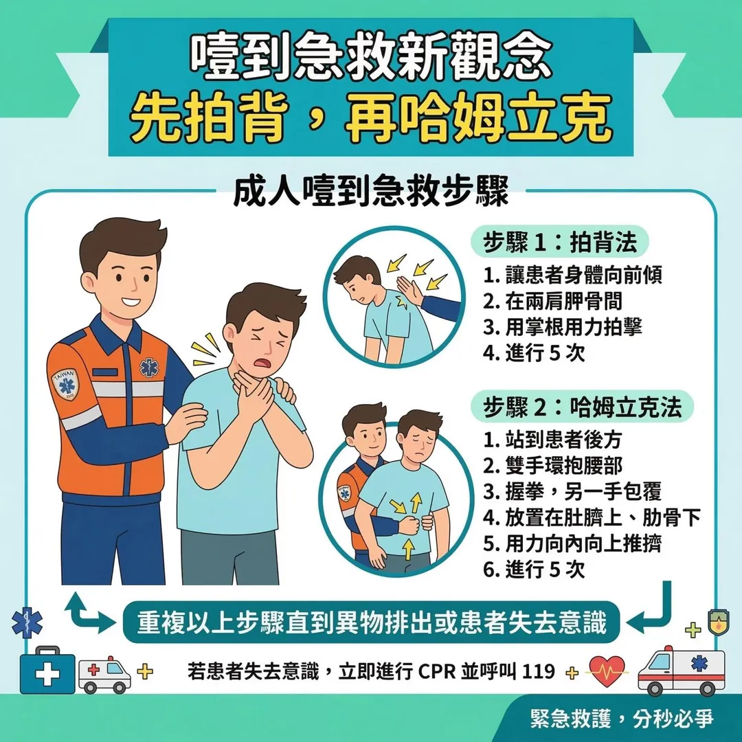 背部拍擊不僅能更有效協助排出卡住的異物，同時可降低腹部推壓可能導致的內臟損傷風險。（圖／翻攝自消防署臉書）