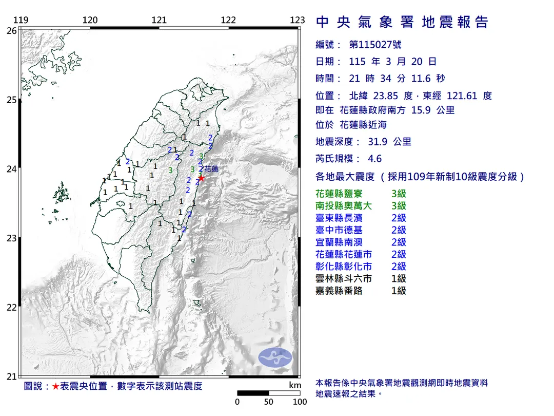 花蓮縣近海於晚間21時34分11秒發生芮氏規模4.6地震，震源深度達31.9公里，屬於「淺層地震」。（圖／氣象署）
