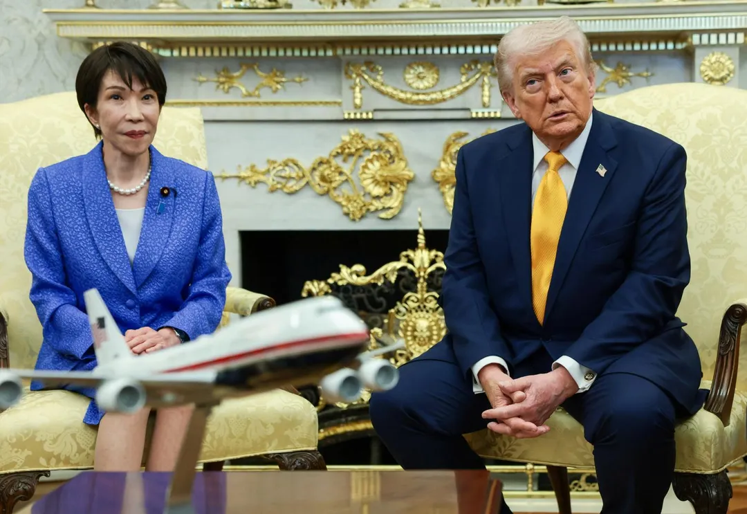 3月19日，美國總統川普在白宮會見日本首相高市早苗。（圖／路透社）