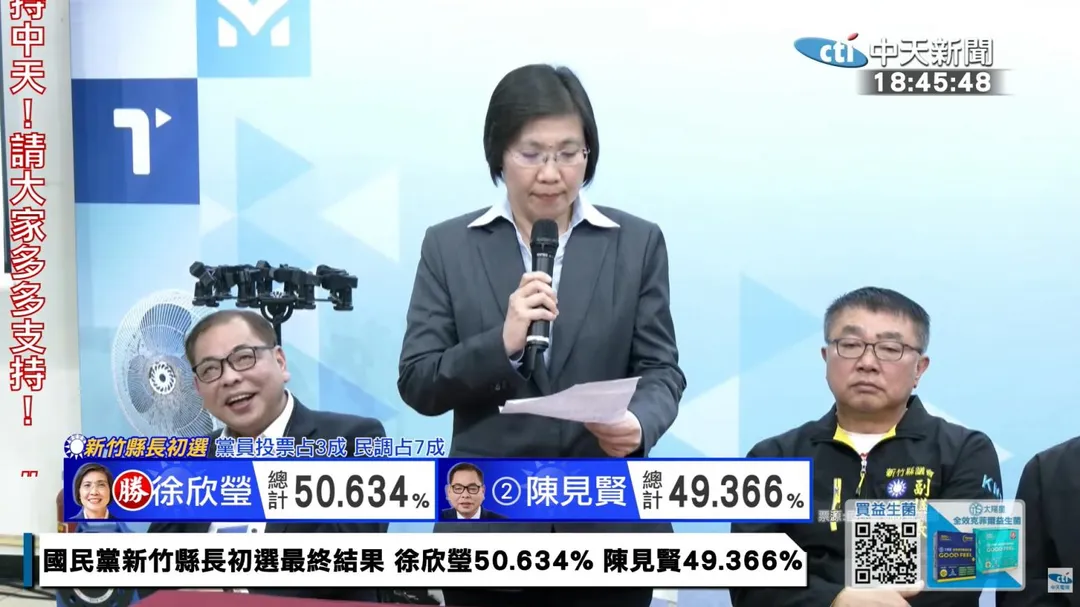 國民黨新竹縣長初選由徐欣瑩勝出。(圖/中天新聞)