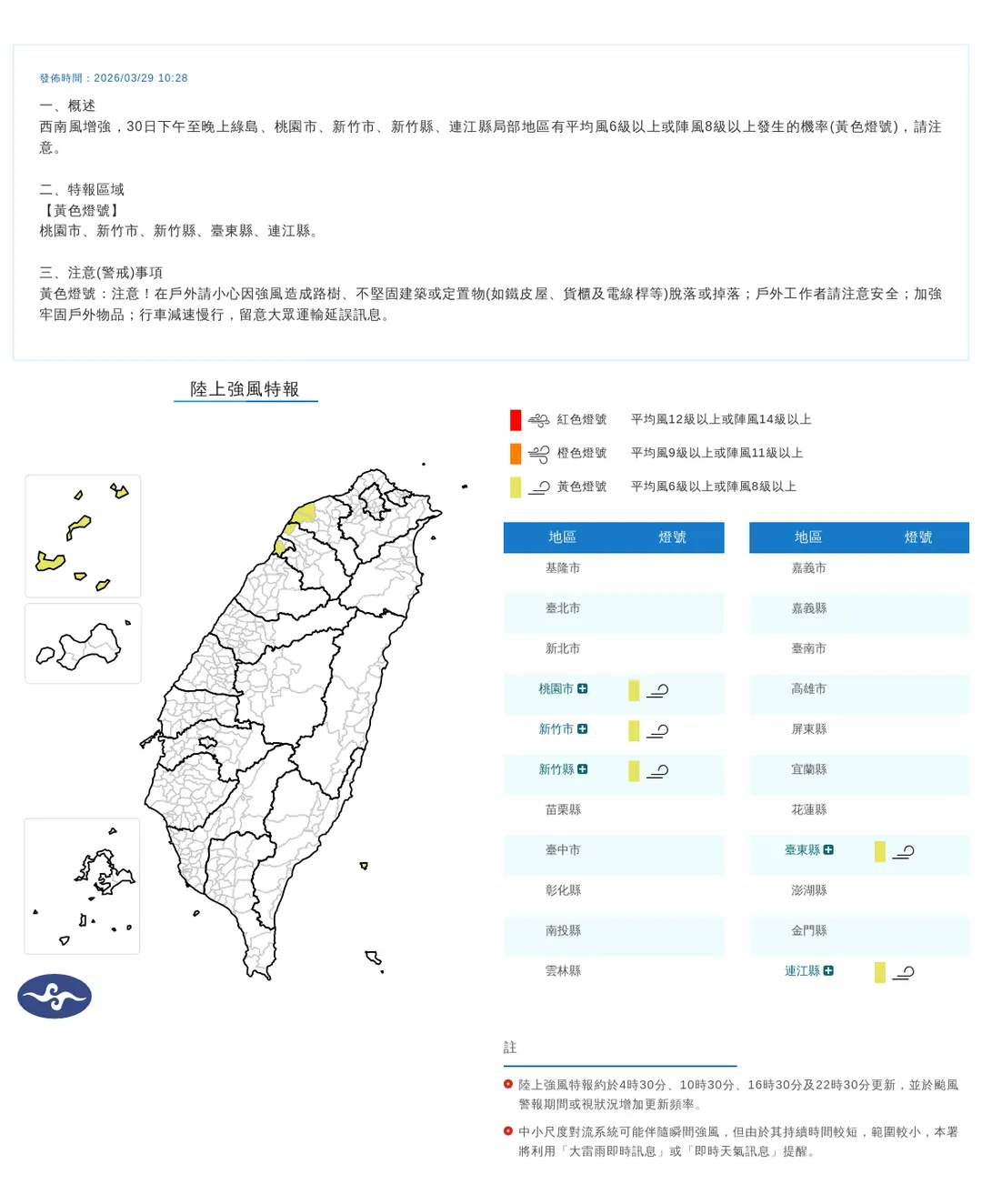 壽西南風增強影響，氣象署29日針對桃竹、綠島、連江縣發布30日陸上強風特報。（圖／翻攝自中央氣象署官網）