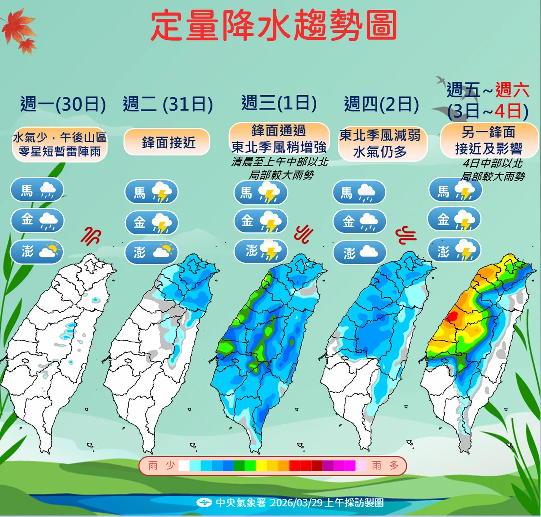 未來1週有鋒面陸續報到，北部、東北部率先有雨，清明連假期間雨勢漸大。（圖／中央氣象署提供）