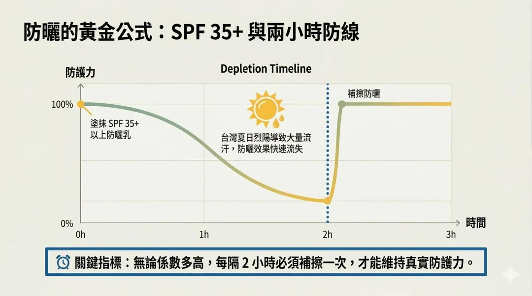 台灣夏季太陽強烈且戶外活動容易流汗,應選擇SPF 35以上的防曬產品,並依正確方式每隔兩小時補擦一次。(圖/大林慈濟醫院)