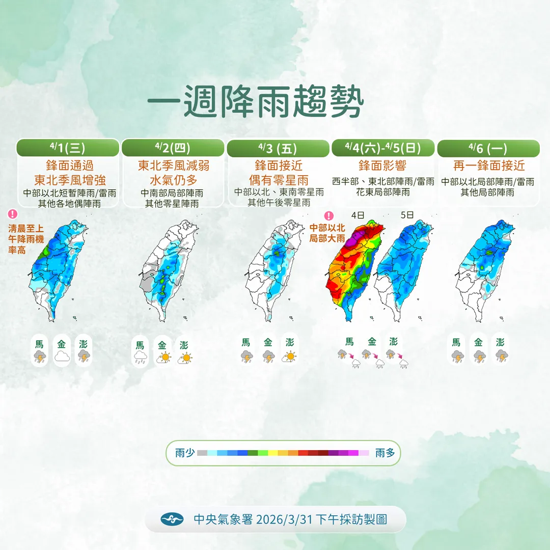 今天深夜至明天上午影響台灣，全台有雨、雨區由北往南。（圖／氣象署）
