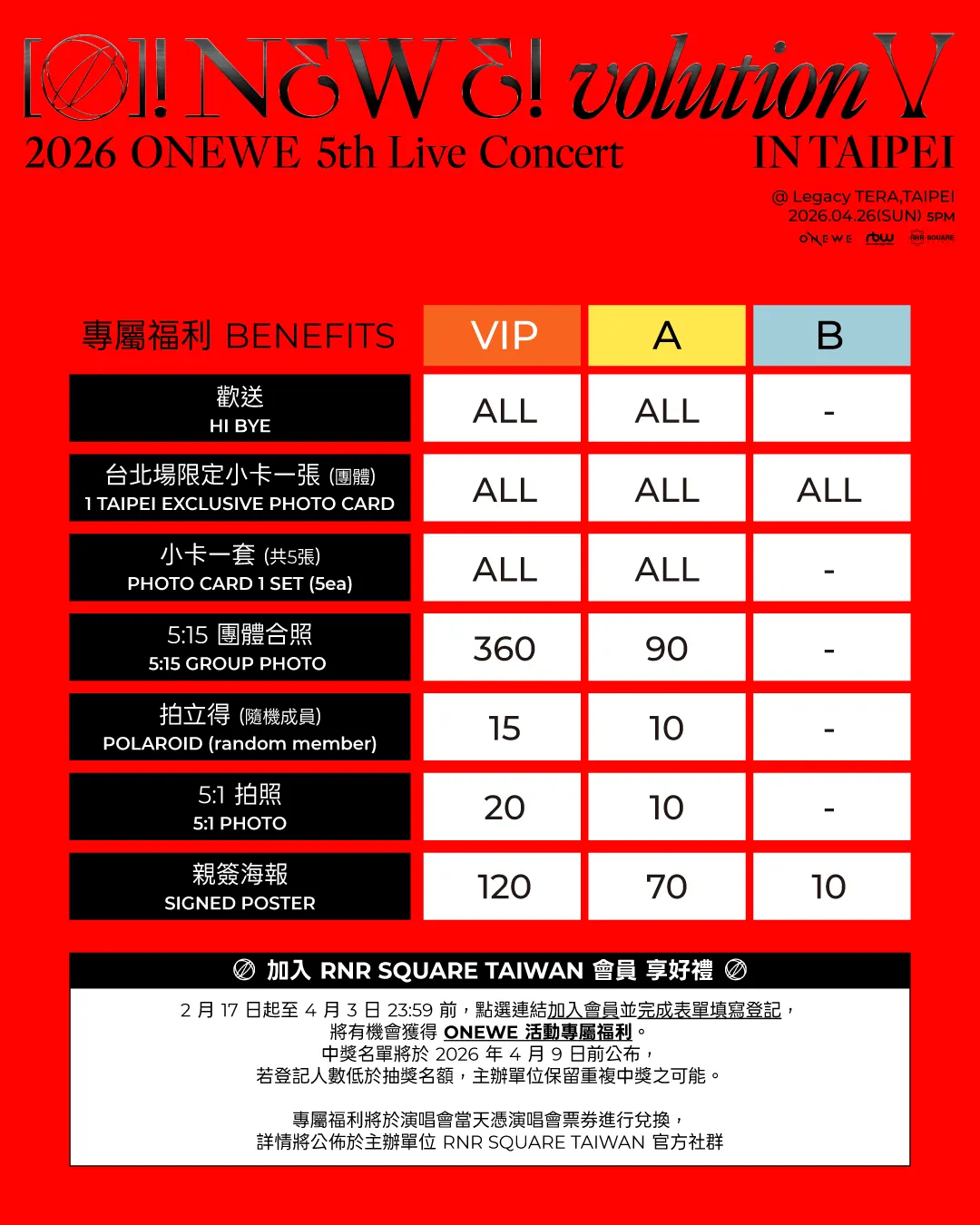ONEWE台北演唱會福利圖。(圖/RNR SQUARE TAIWAN 提供)